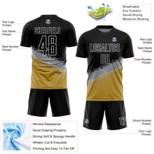 Load image into Gallery viewer, Custom Black Gray-Old Gold Gradient Geometric Shape Sublimation Soccer Uniform Jersey