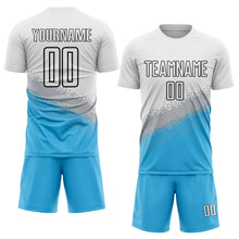 Load image into Gallery viewer, Custom White Gray Sky Blue-Black Gradient Geometric Shape Sublimation Soccer Uniform Jersey