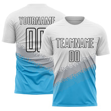 Load image into Gallery viewer, Custom White Gray Sky Blue-Black Gradient Geometric Shape Sublimation Soccer Uniform Jersey