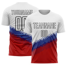 Load image into Gallery viewer, Custom White Royal Red-Black Gradient Geometric Shape Sublimation Soccer Uniform Jersey