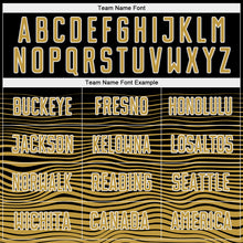 Load image into Gallery viewer, Custom Black Old Gold-White Gradient Line Sublimation Soccer Uniform Jersey