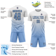 Load image into Gallery viewer, Custom White Light Blue-Black Gradient Line Sublimation Soccer Uniform Jersey