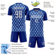 Load image into Gallery viewer, Custom Royal White-Light Blue Geometric Shape Sublimation Soccer Uniform Jersey