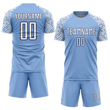 Load image into Gallery viewer, Custom Light Blue White-Navy Geometric Shape Sublimation Soccer Uniform Jersey