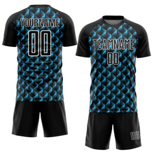 Load image into Gallery viewer, Custom Black Sky Blue-White Geometric Shape Sublimation Soccer Uniform Jersey