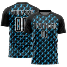 Load image into Gallery viewer, Custom Black Sky Blue-White Geometric Shape Sublimation Soccer Uniform Jersey
