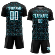 Load image into Gallery viewer, Custom Black White-Lakes Blue Geometric Shape Sublimation Soccer Uniform Jersey