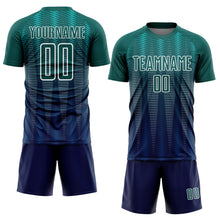 Load image into Gallery viewer, Custom Neon Green Navy-White Gradient Line Sublimation Soccer Uniform Jersey