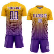 Load image into Gallery viewer, Custom Gold Purple-White Gradient Line Sublimation Soccer Uniform Jersey