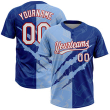 Load image into Gallery viewer, Custom Graffiti Pattern Light Blue Royal-Red 3D Two-Button Unisex Softball Jersey
