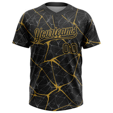 Load image into Gallery viewer, Custom Black Old Gold 3D Pattern Abstract Network Two-Button Unisex Softball Jersey