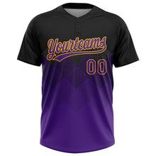 Load image into Gallery viewer, Custom Black Purple-Gold 3D Pattern Gradient Square Shapes Two-Button Unisex Softball Jersey