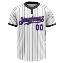 Load image into Gallery viewer, Custom White Black Pinstripe Purple Two-Button Unisex Softball Jersey