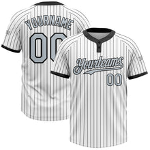 Load image into Gallery viewer, Custom White Black Pinstripe Silver-Black Two-Button Unisex Softball Jersey
