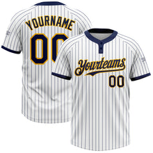 Load image into Gallery viewer, Custom White Navy Pinstripe Gold Two-Button Unisex Softball Jersey