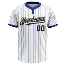 Load image into Gallery viewer, Custom White Royal Pinstripe Old Gold Two-Button Unisex Softball Jersey