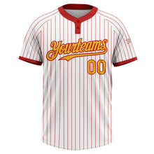Load image into Gallery viewer, Custom White Red Pinstripe Gold Two-Button Unisex Softball Jersey