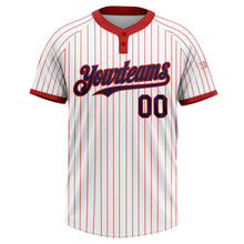 Load image into Gallery viewer, Custom White Red Pinstripe Navy Two-Button Unisex Softball Jersey