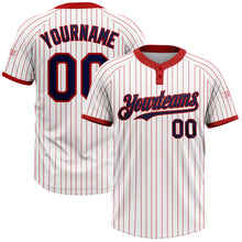 Load image into Gallery viewer, Custom White Red Pinstripe Navy Two-Button Unisex Softball Jersey