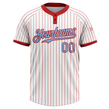 Load image into Gallery viewer, Custom White Red Pinstripe Light Blue Two-Button Unisex Softball Jersey