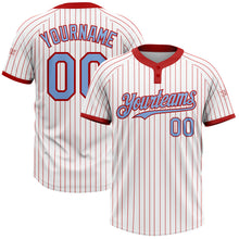 Load image into Gallery viewer, Custom White Red Pinstripe Light Blue Two-Button Unisex Softball Jersey