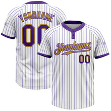 Load image into Gallery viewer, Custom White Purple Pinstripe Old Gold Two-Button Unisex Softball Jersey