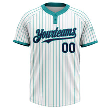Load image into Gallery viewer, Custom White Teal Pinstripe Navy Two-Button Unisex Softball Jersey