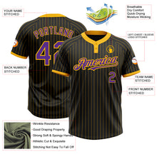 Load image into Gallery viewer, Custom Black Gold Pinstripe Purple Two-Button Unisex Softball Jersey