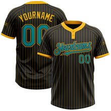 Load image into Gallery viewer, Custom Black Gold Pinstripe Teal Two-Button Unisex Softball Jersey