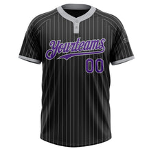 Load image into Gallery viewer, Custom Black Gray Pinstripe Purple Two-Button Unisex Softball Jersey