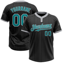 Load image into Gallery viewer, Custom Black Gray Pinstripe Teal Two-Button Unisex Softball Jersey