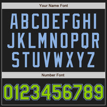 Load image into Gallery viewer, Custom Black Light Blue Pinstripe Neon Green Two-Button Unisex Softball Jersey