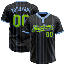 Load image into Gallery viewer, Custom Black Light Blue Pinstripe Neon Green Two-Button Unisex Softball Jersey