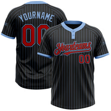 Load image into Gallery viewer, Custom Black Light Blue Pinstripe Red Two-Button Unisex Softball Jersey