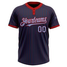 Load image into Gallery viewer, Custom Navy Red Pinstripe Light Blue Two-Button Unisex Softball Jersey
