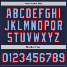 Load image into Gallery viewer, Custom Navy Red Pinstripe Light Blue Two-Button Unisex Softball Jersey