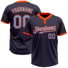 Load image into Gallery viewer, Custom Navy Orange Pinstripe Light Blue Two-Button Unisex Softball Jersey