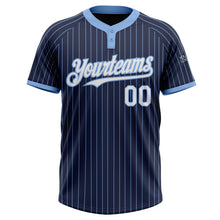 Load image into Gallery viewer, Custom Navy Light Blue Pinstripe White Two-Button Unisex Softball Jersey
