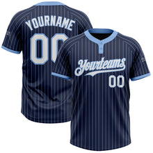 Load image into Gallery viewer, Custom Navy Light Blue Pinstripe White Two-Button Unisex Softball Jersey