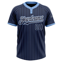 Load image into Gallery viewer, Custom Navy Light Blue Pinstripe White Two-Button Unisex Softball Jersey