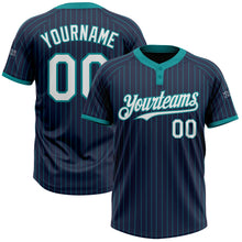 Load image into Gallery viewer, Custom Navy Teal Pinstripe White Two-Button Unisex Softball Jersey