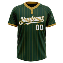Load image into Gallery viewer, Custom Green Old Gold Pinstripe White Two-Button Unisex Softball Jersey