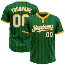 Load image into Gallery viewer, Custom Kelly Green Gold Pinstripe White Two-Button Unisex Softball Jersey