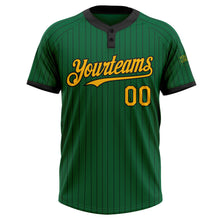 Load image into Gallery viewer, Custom Kelly Green Black Pinstripe Gold Two-Button Unisex Softball Jersey