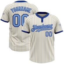 Load image into Gallery viewer, Custom Cream Royal Pinstripe Light Blue Two-Button Unisex Softball Jersey