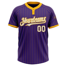 Load image into Gallery viewer, Custom Purple Gold Pinstripe White Two-Button Unisex Softball Jersey