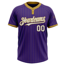 Load image into Gallery viewer, Custom Purple Old Gold Pinstripe White Two-Button Unisex Softball Jersey