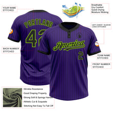 Load image into Gallery viewer, Custom Purple Black Pinstripe Neon Green Two-Button Unisex Softball Jersey