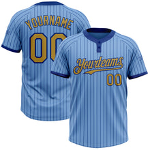 Load image into Gallery viewer, Custom Light Blue Royal Pinstripe Old Gold Two-Button Unisex Softball Jersey