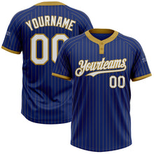 Load image into Gallery viewer, Custom Royal Old Gold Pinstripe White Two-Button Unisex Softball Jersey